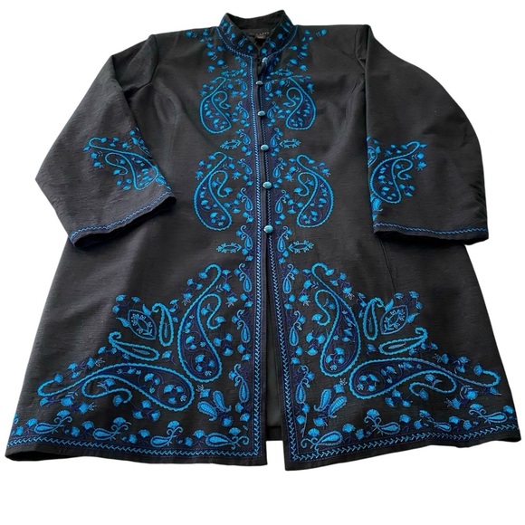 Silk Land Woman Black Silk Longline Blazer Jacket Size 1X Embroidered Tunic - Picture 6 of 15
